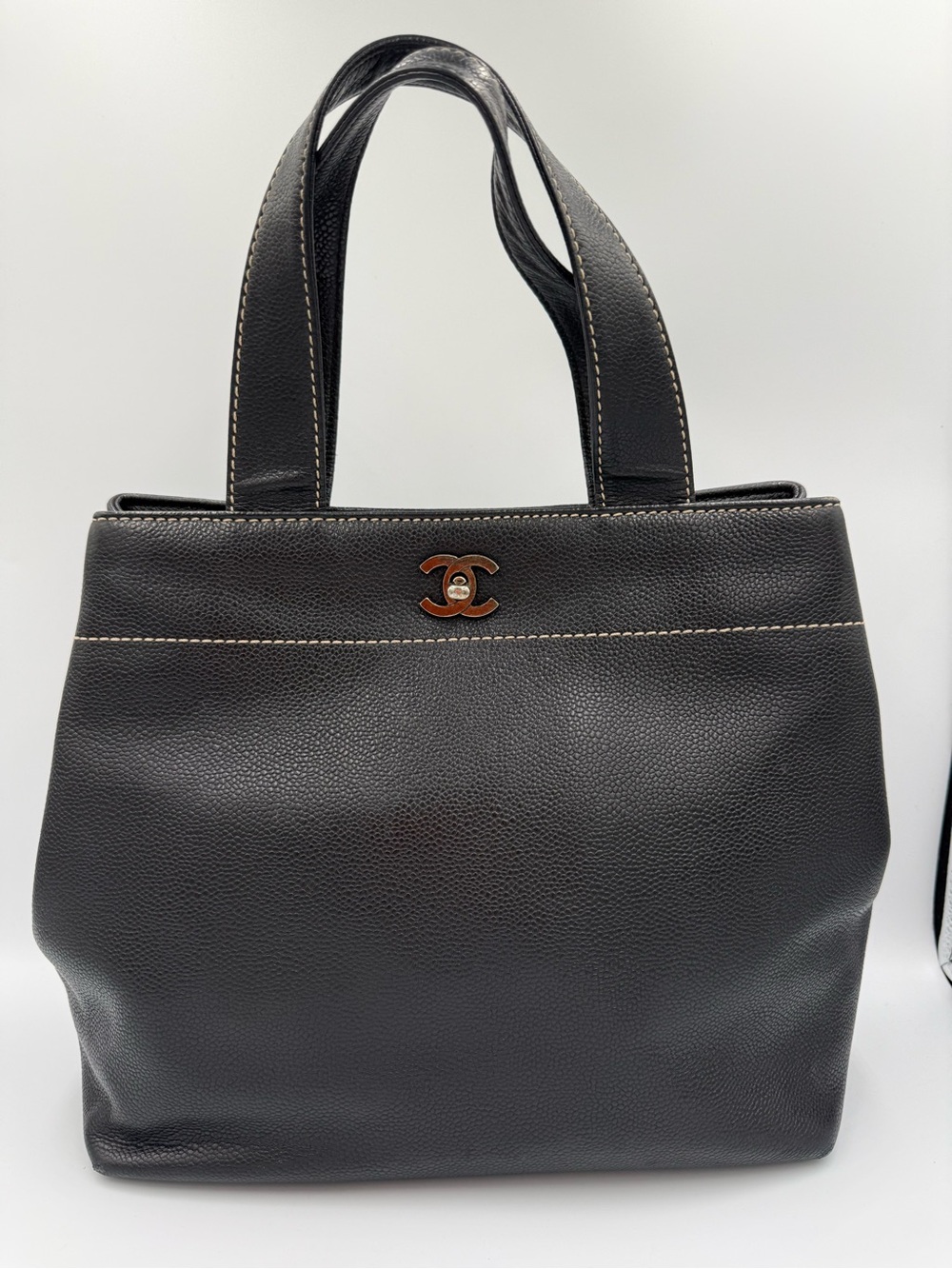 CHANEL Black Caviar Leather Tote with Silver CC Accent - Picture 1 of 16